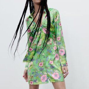 ZARA Green Floral Satin Dress Size Small
